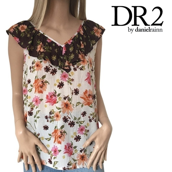 Nordstrom DR2 Rayon Top Shirt Blouse Ruffles Fluttery Floral Keyhole Tie Bow - Picture 1 of 12